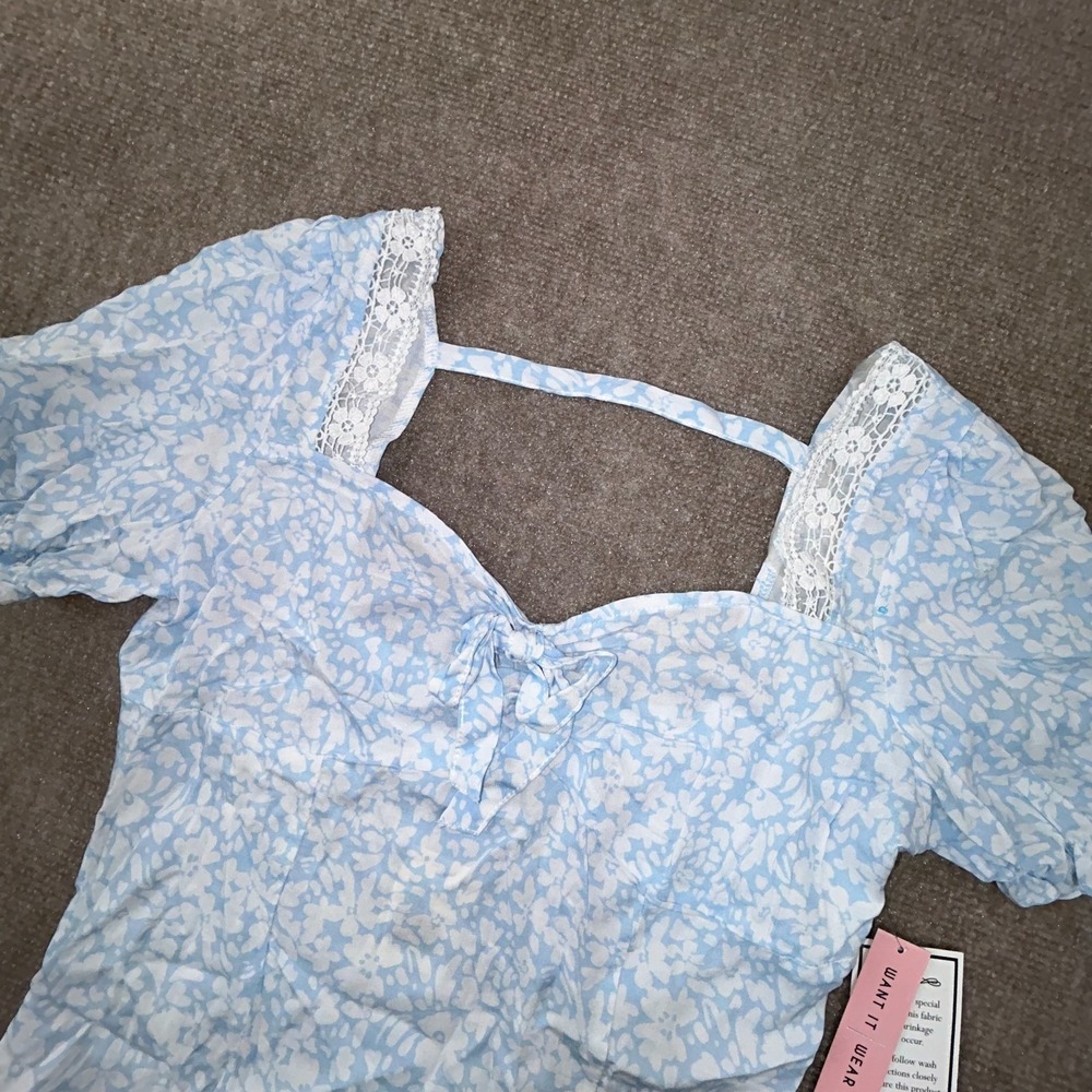 Crave Fame Crop Top Womens S Multicolor Floral Smocked Lace Trim Bow Puff Sleeve